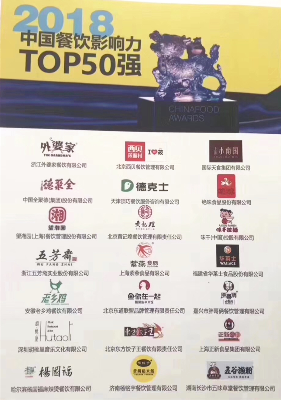 “鱼你在一起”获2018中国餐饮影响力TOP50强荣誉